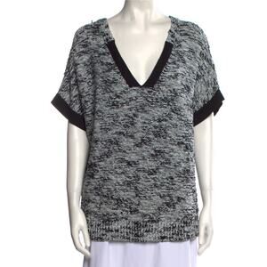Lafayette 148 Boucle‎ Knit Short Sleeve Pullover Sweater V-Neck White Black, S